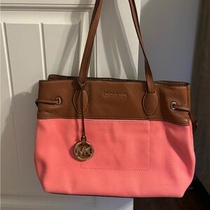 Michael Kors Marina East West Drawstring Tote in Coral Canvas & Brown Leather
